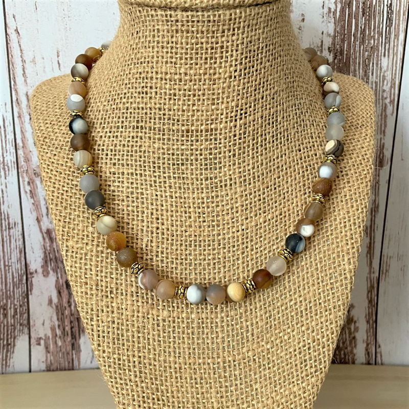 Mens Matte Blaze Agate and Gold Beaded Necklace