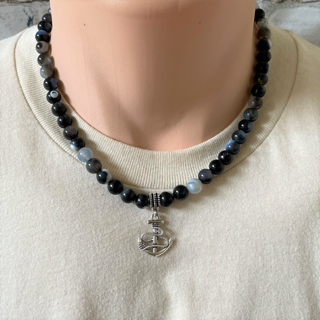 Mens Blue Agate and Silver Anchor Beaded Necklace