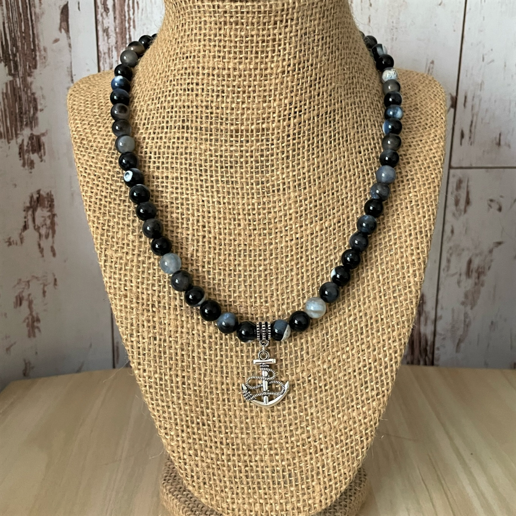 Mens Blue Agate and Silver Anchor Beaded Necklace