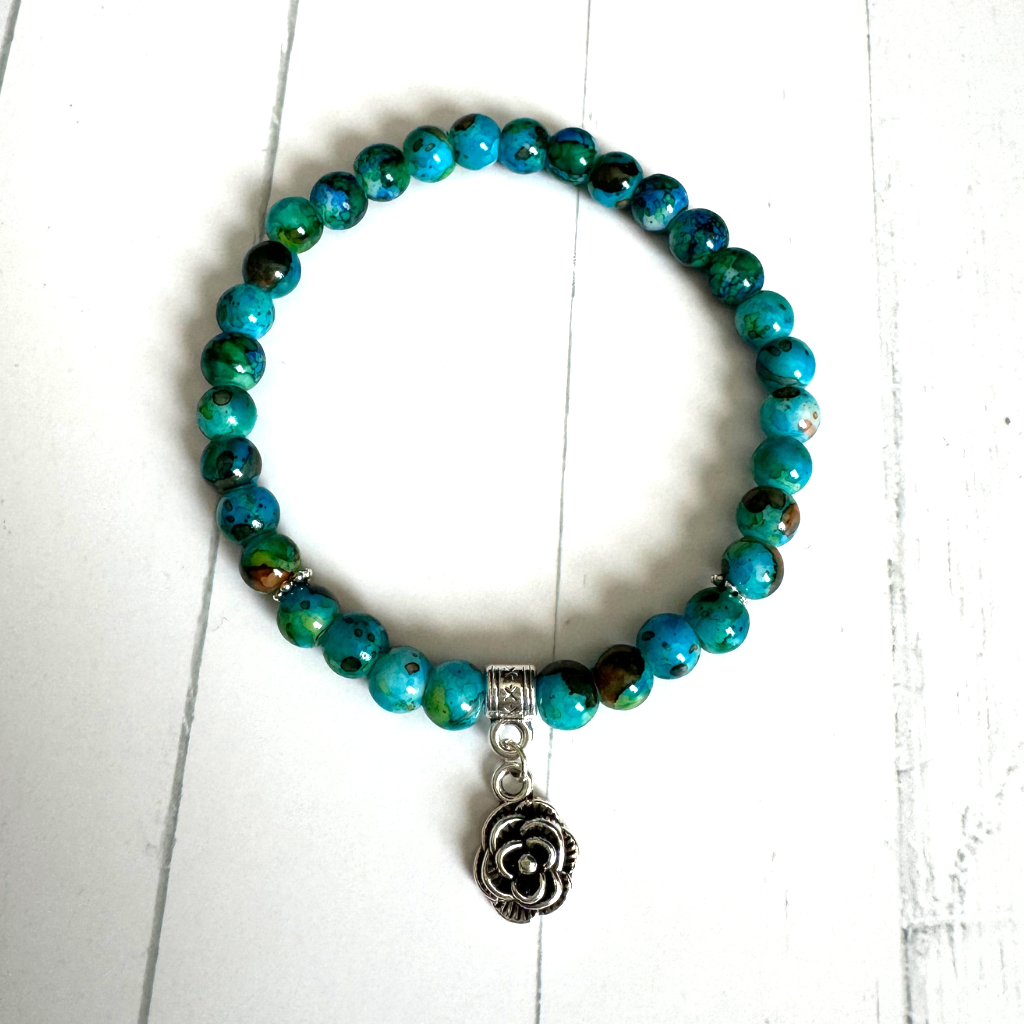 Turquoise Glass and Silver Flower Beaded Bracelet