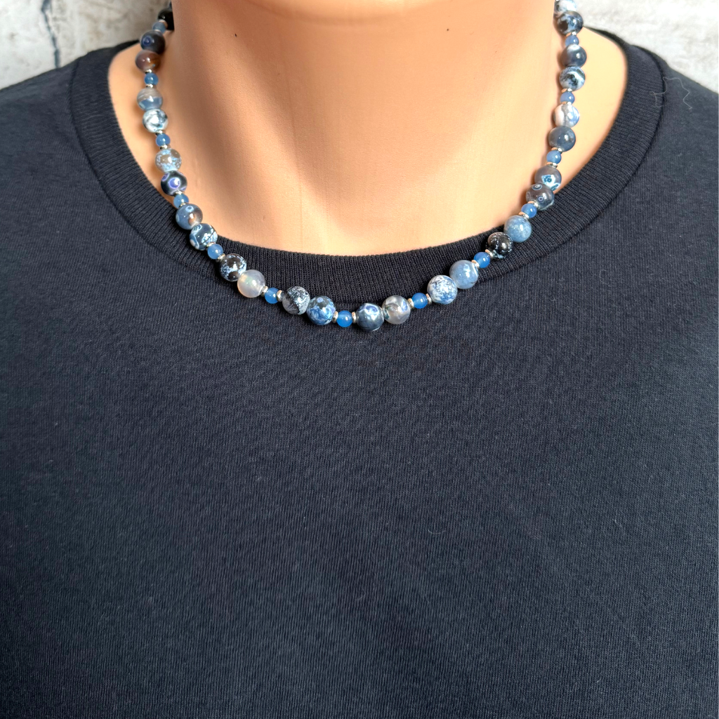 Blue and Storm Line Agate Mens Beaded Necklace