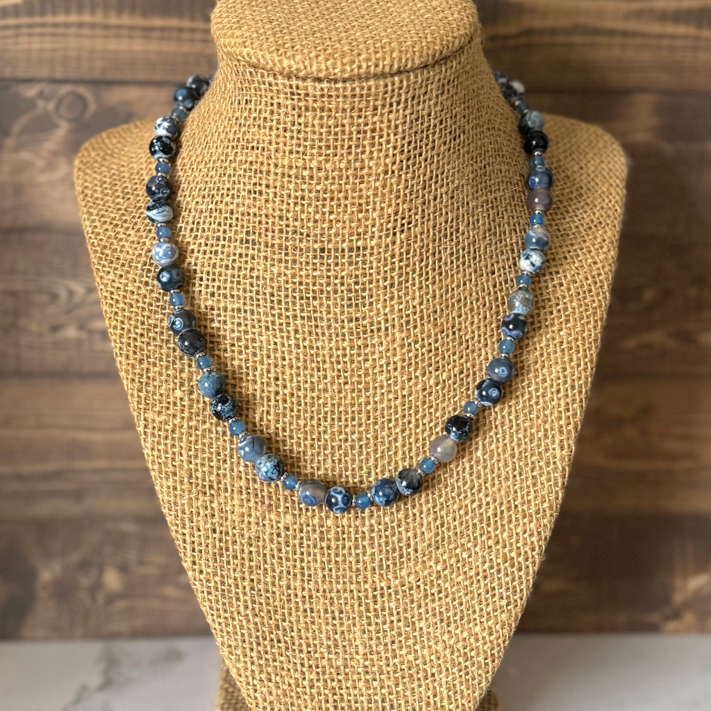 Blue and Storm Line Agate Mens Beaded Necklace