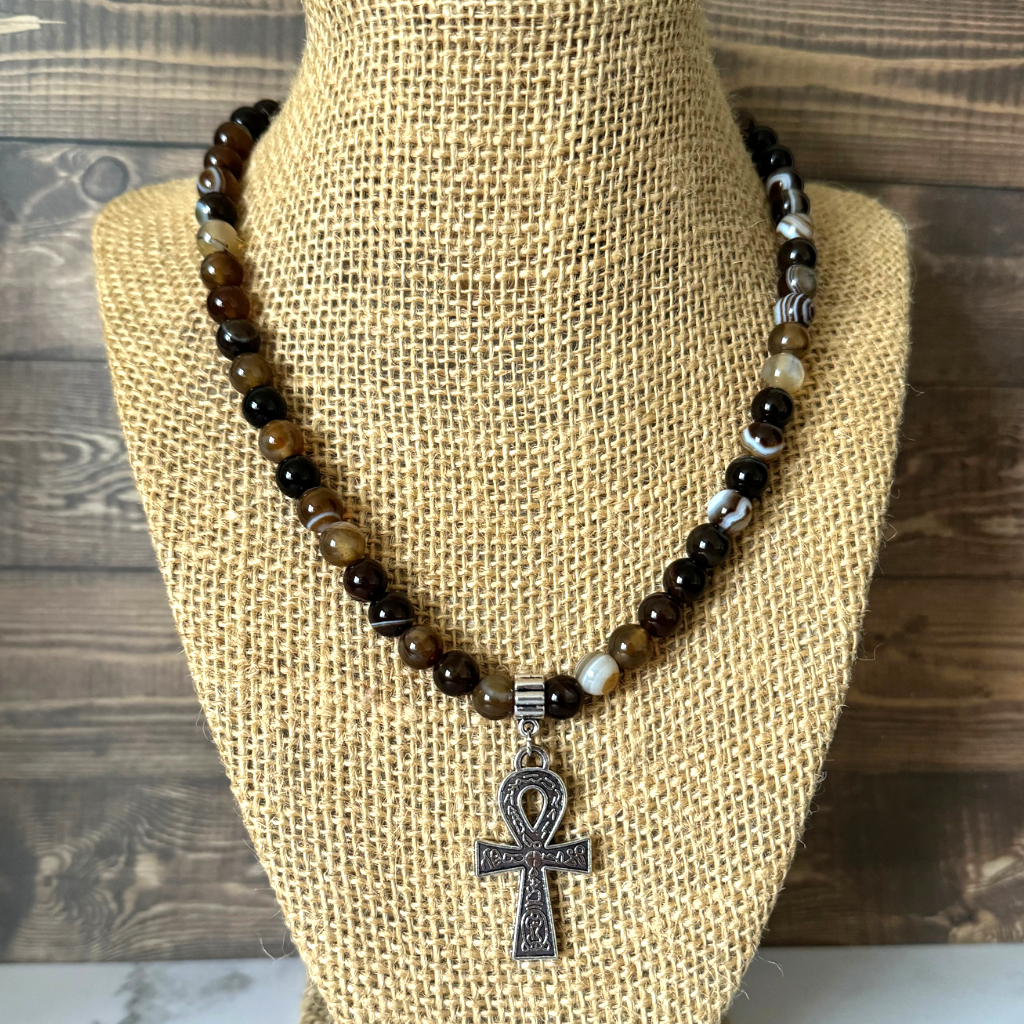 Brown Line Agate Mens Beaded Silver Cross Necklace