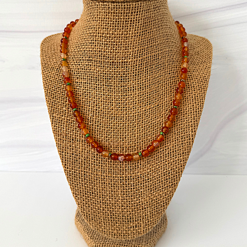 Mens 6mm Carnelian and Green Seed Beaded Necklace.