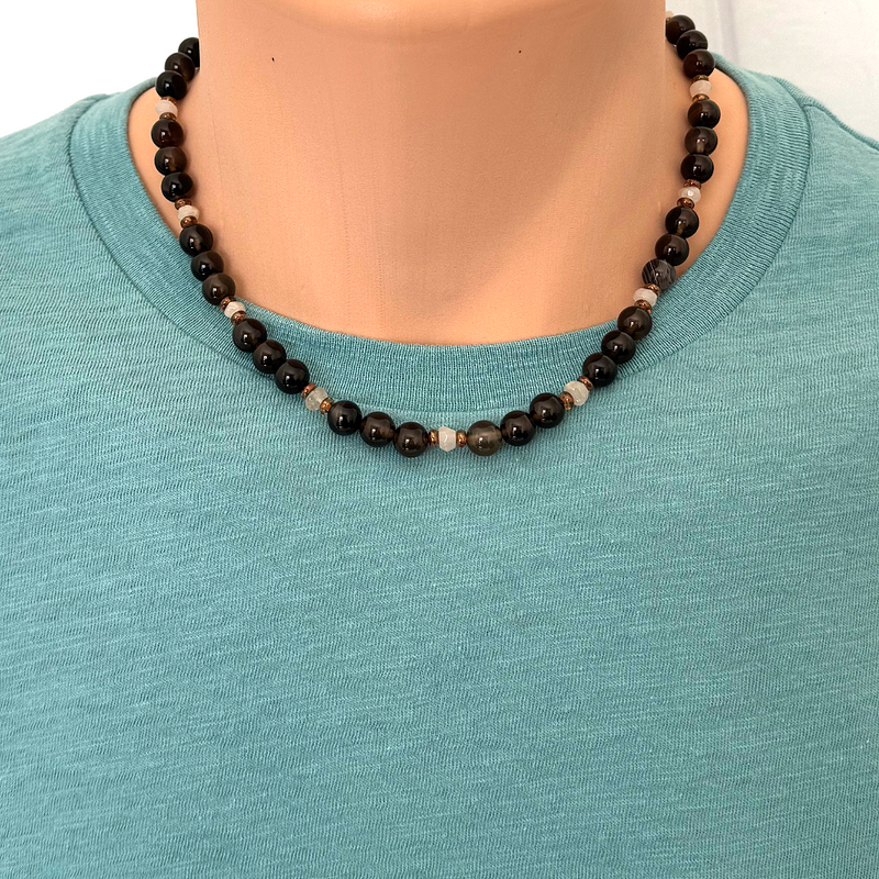 Mens Dark Brown Agate and Cream Quartz Beaded Necklace 18"