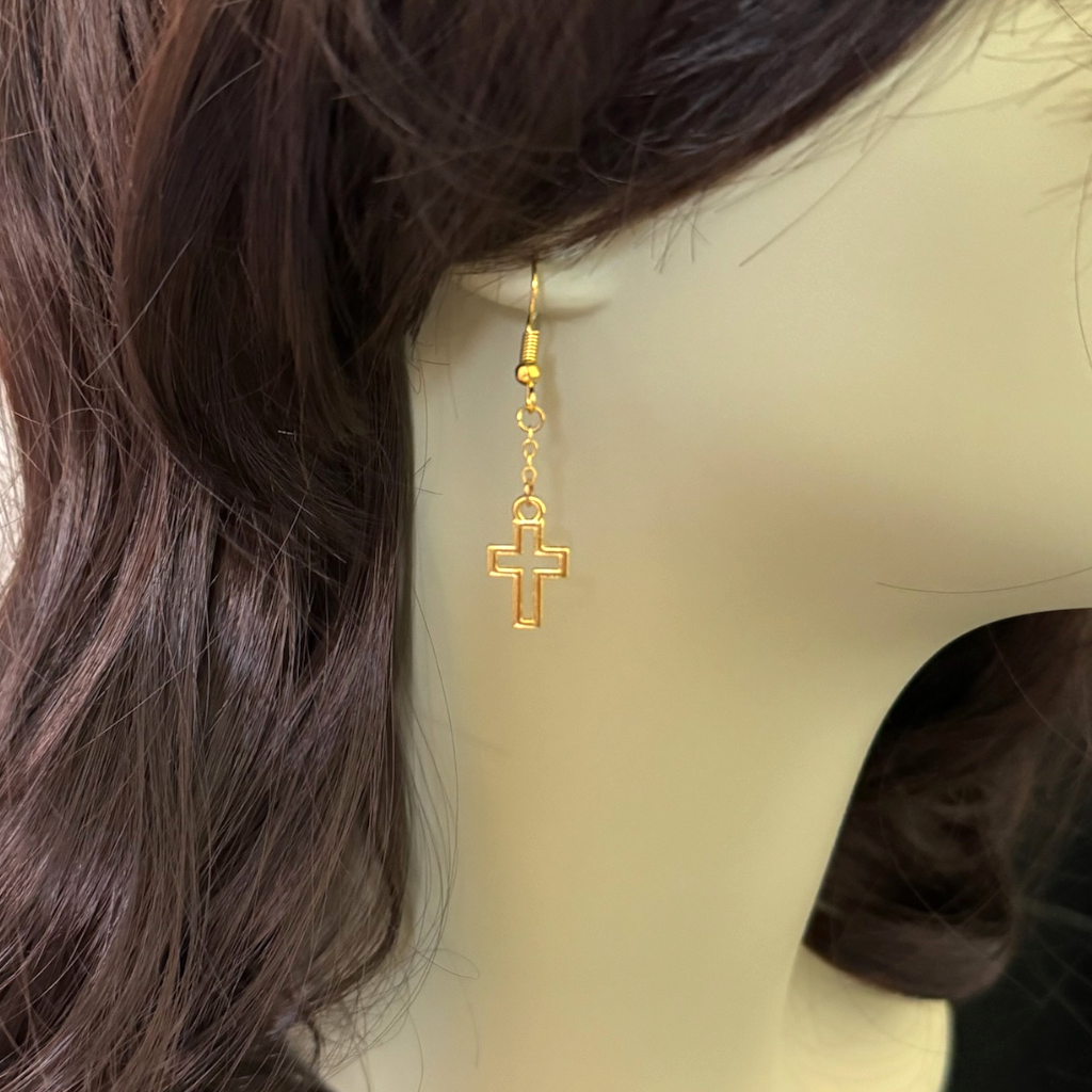 Gold Cut-Out Cross Dangel Earrings