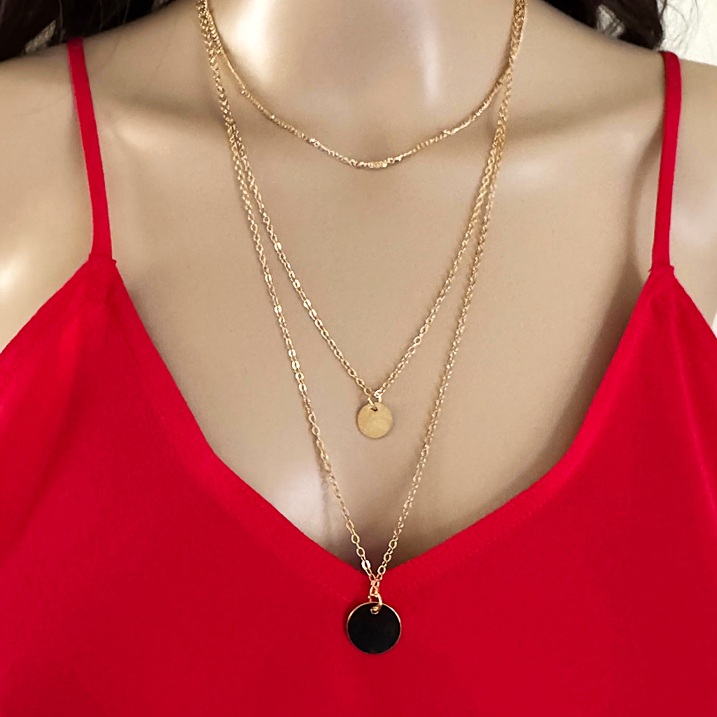 Gold Triple Layered Long Disc Womens Necklace.