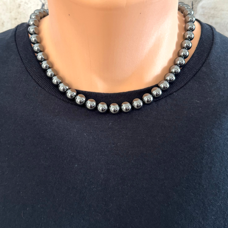 Mens Hematite 10mm Beaded Necklace 18" Silver