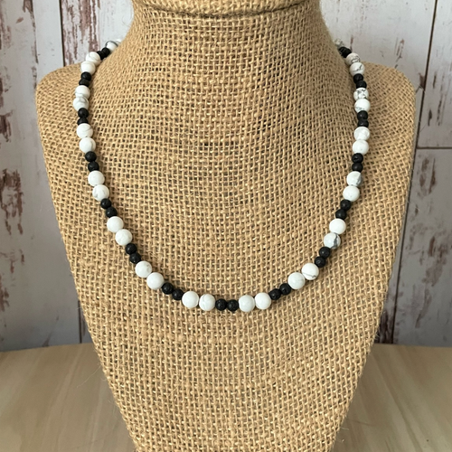 Mens Howlite and Black Lava Necklace