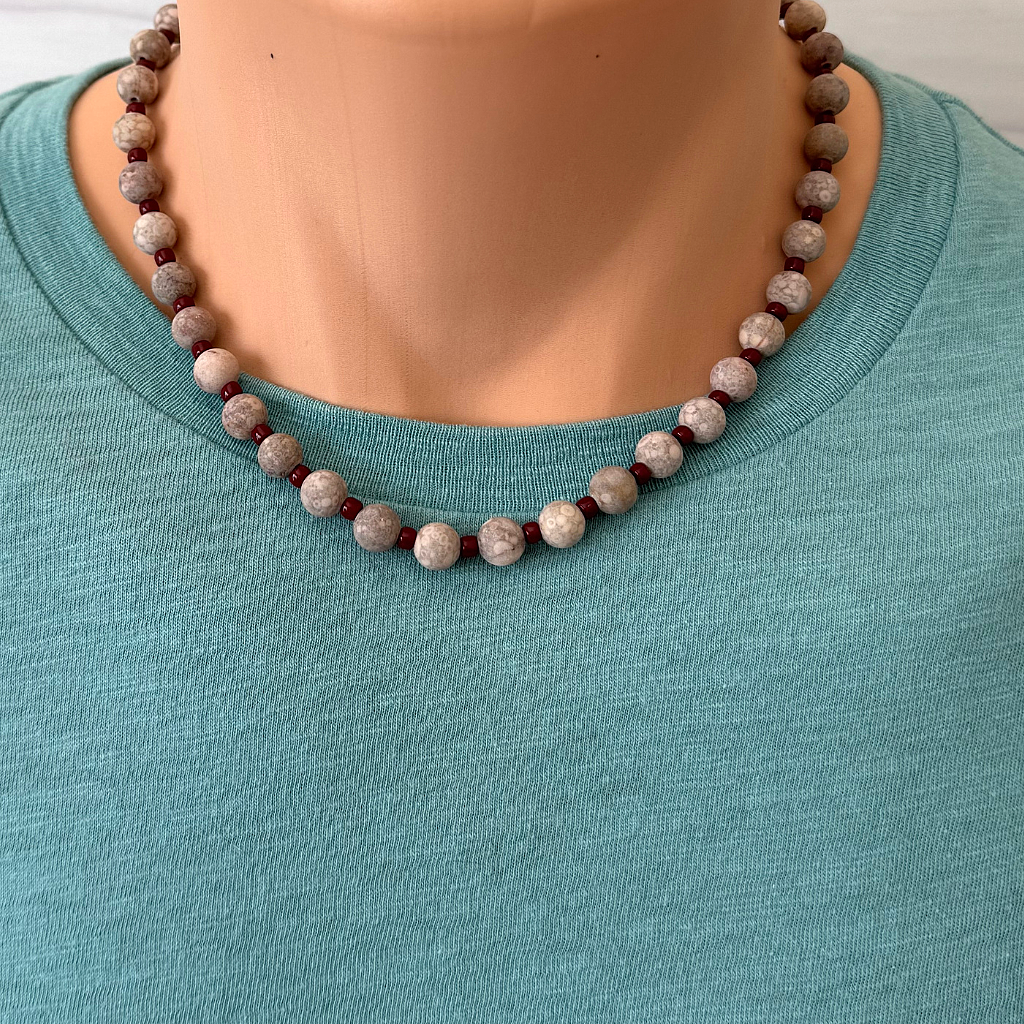 Mens Matte Maifan Beige Beaded Necklace 18"