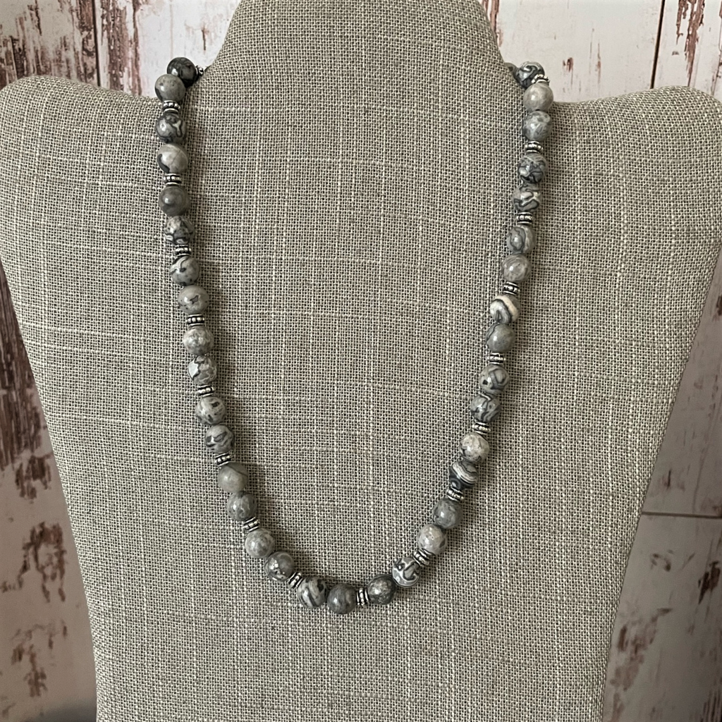 Gray Map Jasper and Silver Mens Beaded Necklace