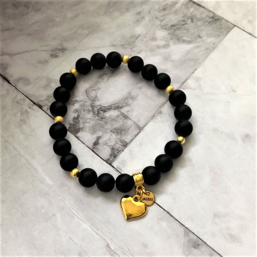 Black Onyx Matte and Gold Heart Beaded Bracelet