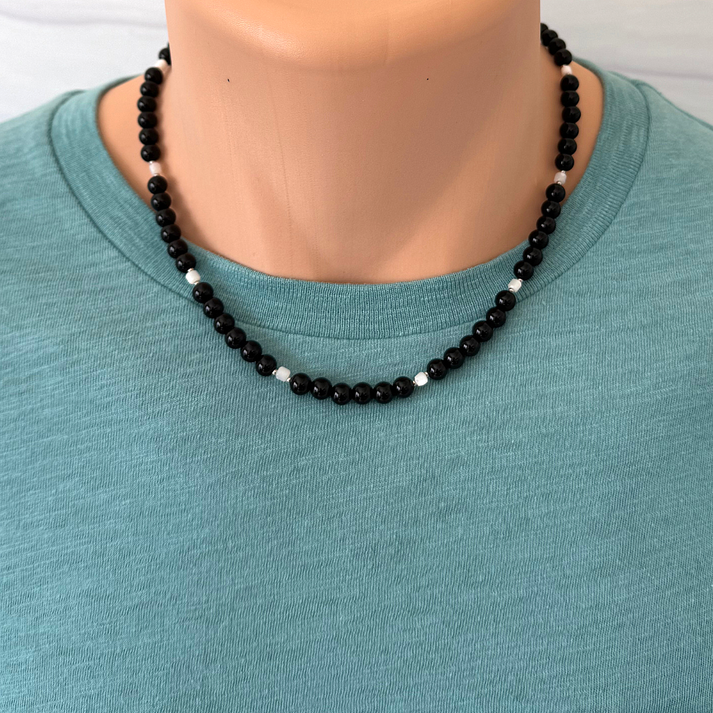 Mens 6mm Black Onyx and Mother of Pearl Beaded Necklace.