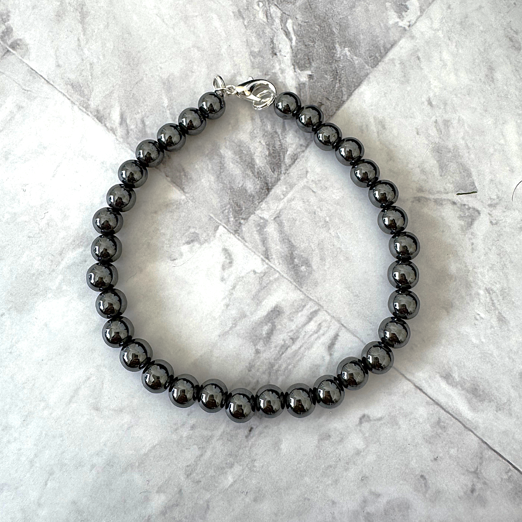 Men's 6mm Silver Gray Hematite Beaded Bracelet with Lobster Clasp.