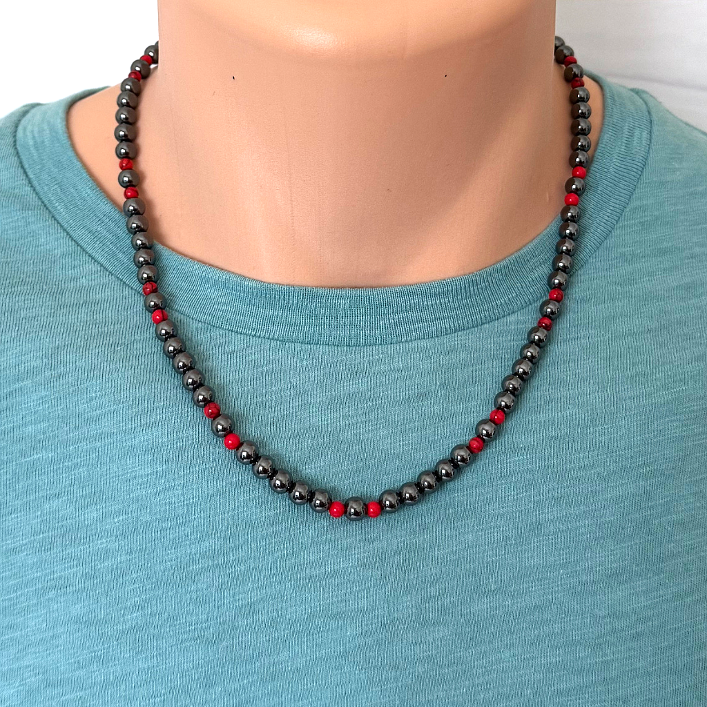 Mens 6mm Hematite and Red Howlite Beaded Necklace 4mm 18"