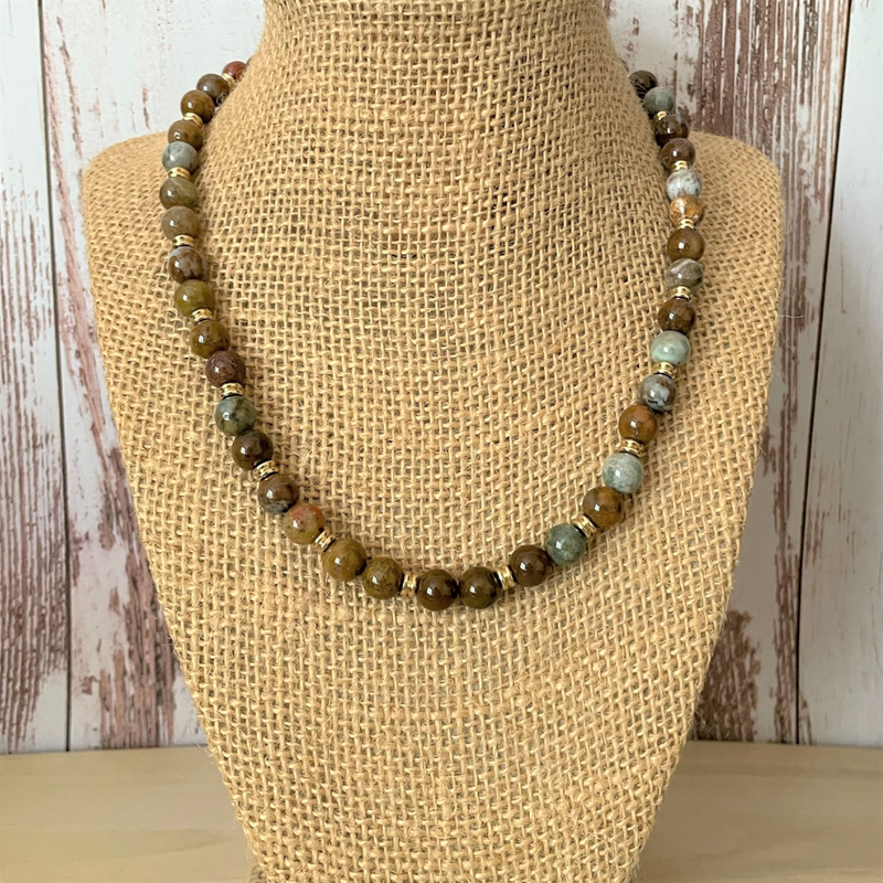 Mens African Green Opal Beaded Necklace