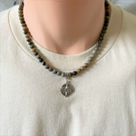 Mens Artistic Stone and Silver Compass Beaded Necklace