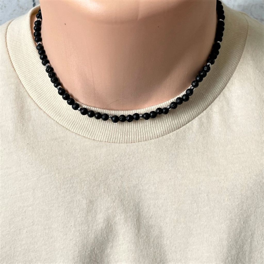 Black Lava and Silver Hematite 5mm Mens Beaded Necklace