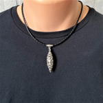 Mens Black Leather Silver Ornate Metal Charm Necklace