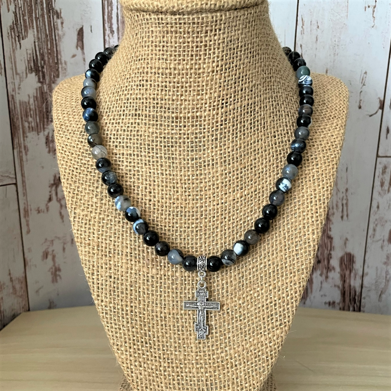 Mens Black Line Agate Beaded Necklace with Silver Cross of Jesus
