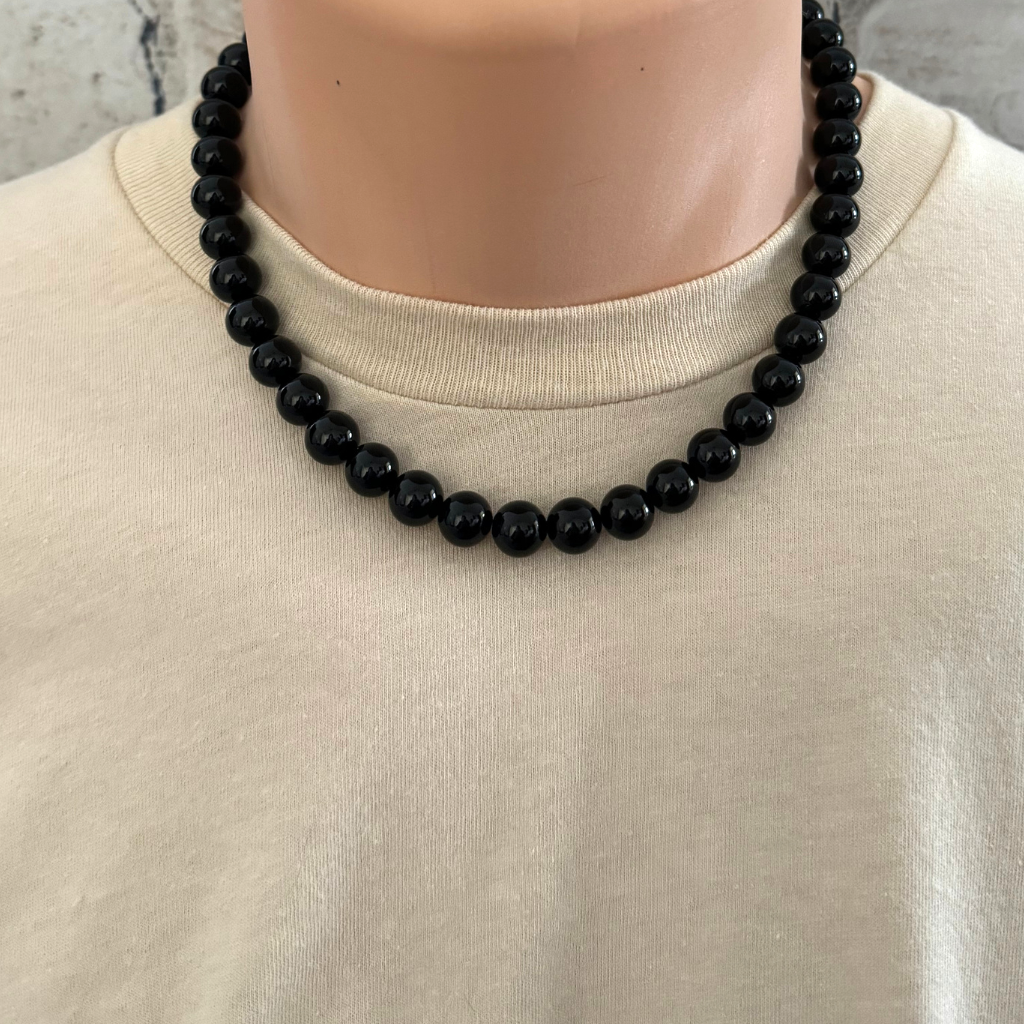Mens Black Onyx 10mm Beaded Necklace