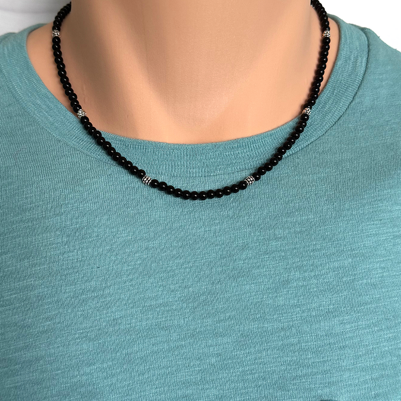 Mens Black Onyx and Silver Beaded 4mm Necklace