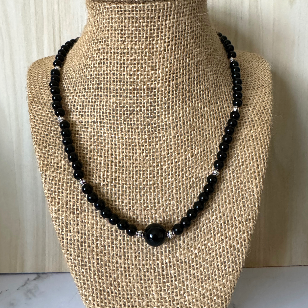Mens Black Onyx 6mm and Silver Beaded Necklace
