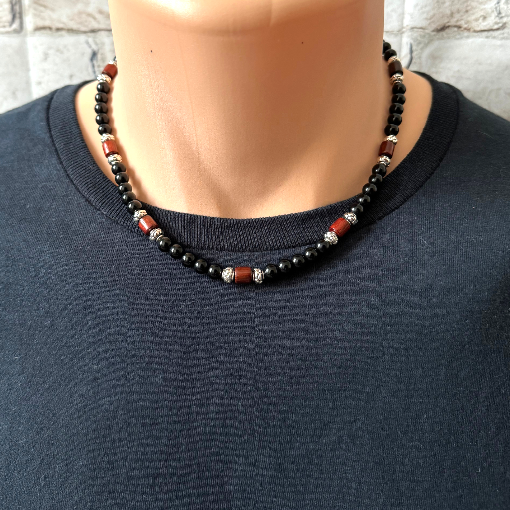 Mens Black Onyx 6mm and Rosewood Beaded Necklace
