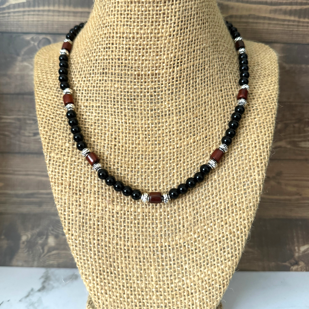Mens Black Onyx 6mm and Rosewood Beaded Necklace
