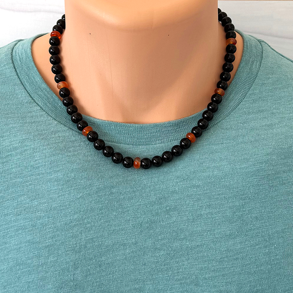 Mens Black Onyx and Carnelian Rondelle Beaded Necklace