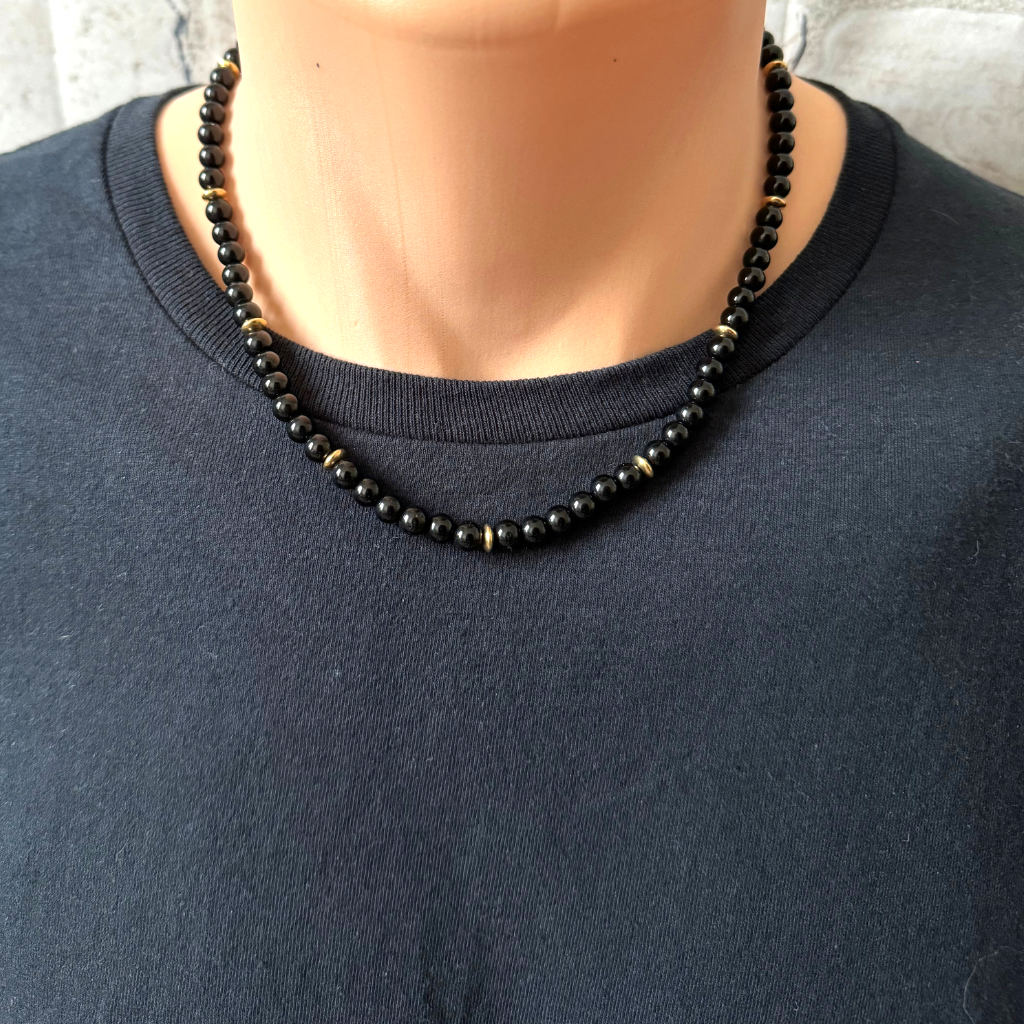 Mens Black Onyx and Gold Hematite Rondelle Beaded Necklace