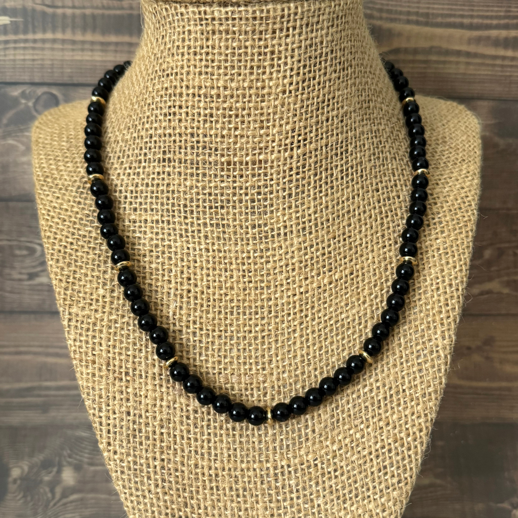 Mens Black Onyx and Gold Hematite Rondelle Beaded Necklace