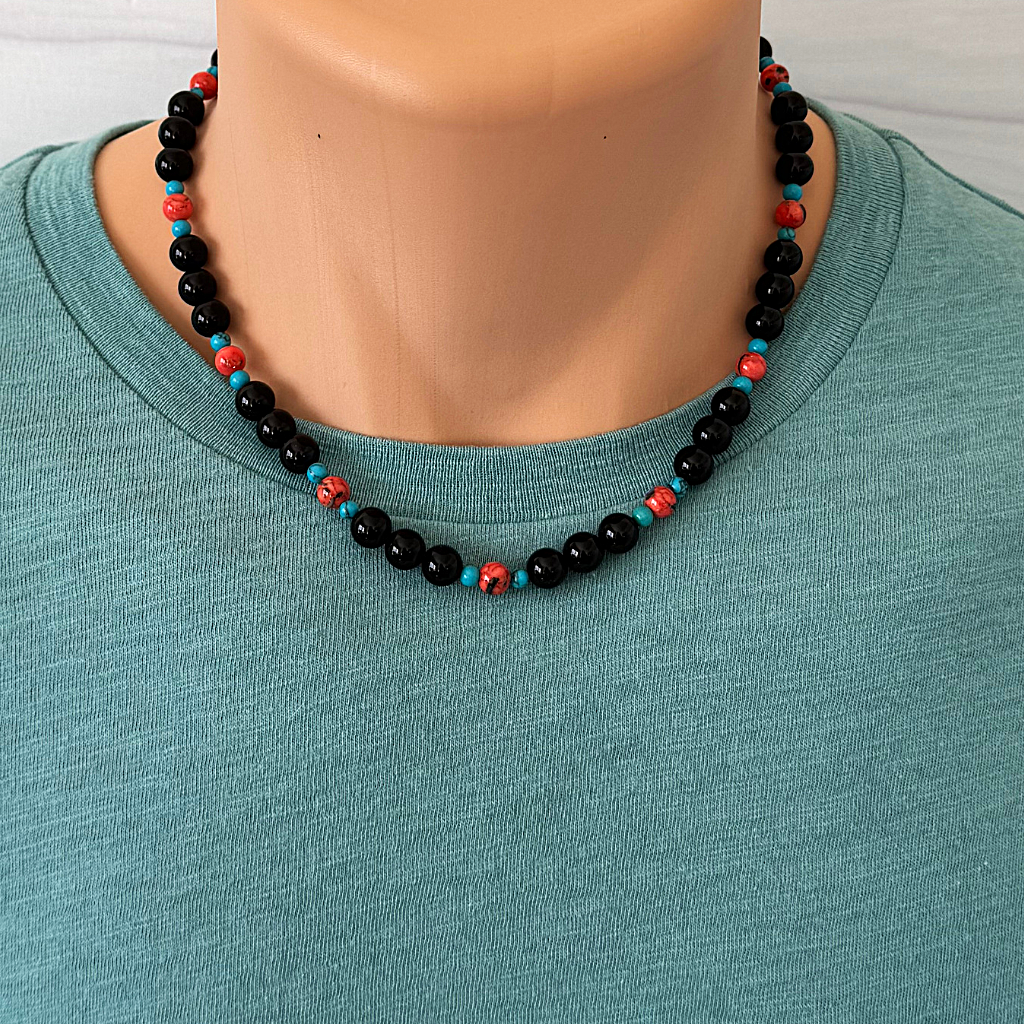 Mens Black Onyx Vermillion and Blue Howlite Beaded Necklace.