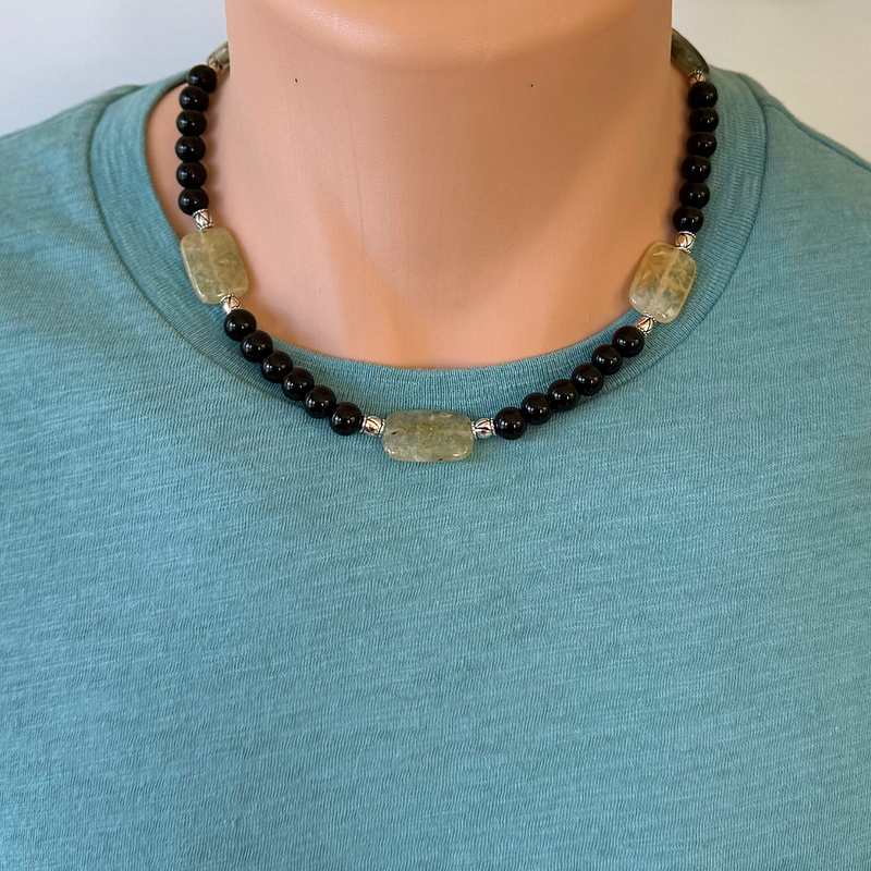 Mens Black Onyx and Prehnite Beaded Necklace 18" Green