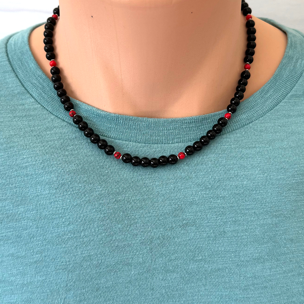 Mens Black Onyx 6mm and Red Howlite Beaded Necklace
