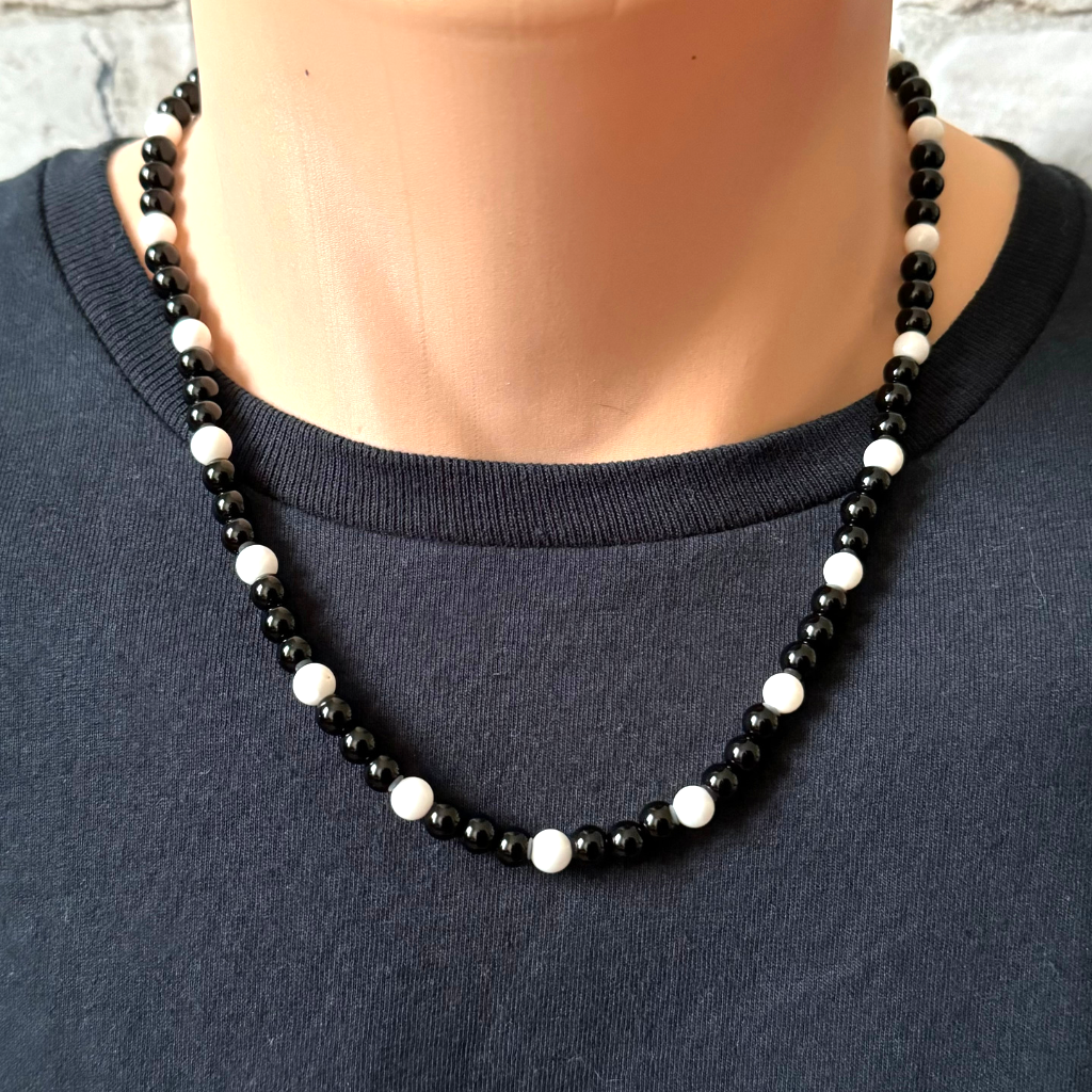 Mens Black Onyx and White Shell Beaded Necklace