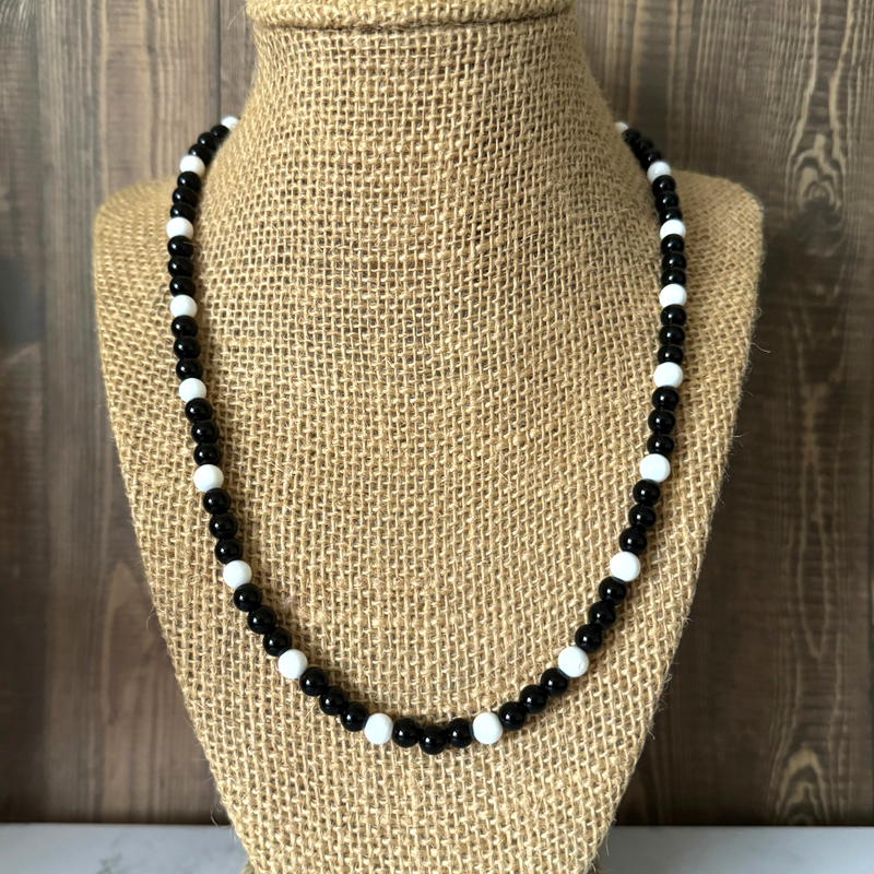 Mens Black Onyx and White Shell Beaded Necklace 20", 22"