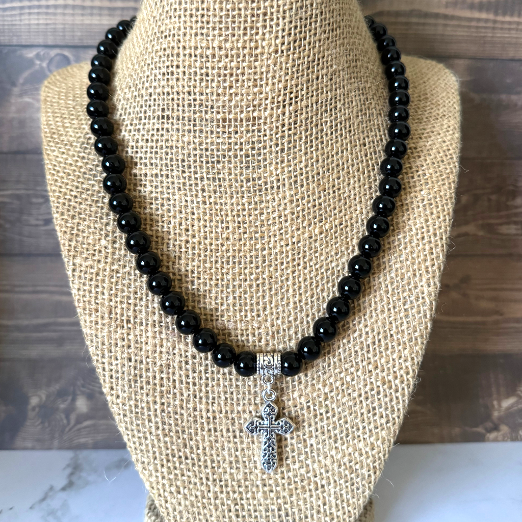 Long Black Beaded Cross Necklace (s)