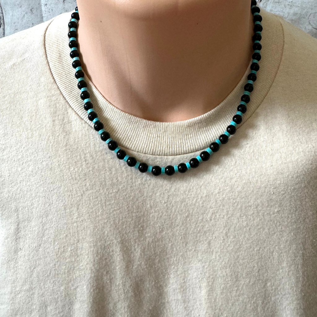 Black Onyx and Turquoise Rondelle Mens Beaded Necklace