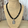 Black Sardonyx and Silver Saint Regina Mens Beaded Necklace