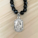 Black Sardonyx and Silver Saint Regina Mens Beaded Necklace