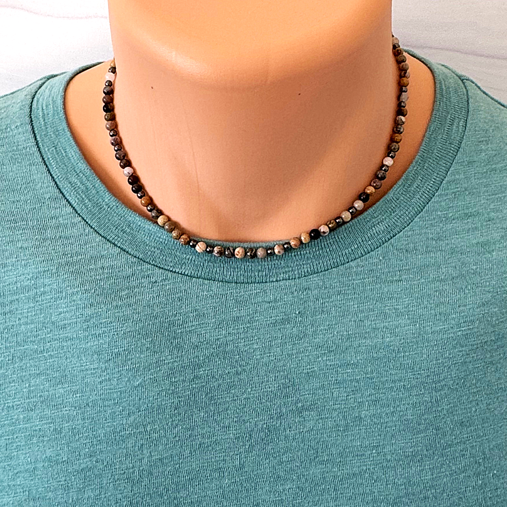 Mens Black Silver Leaf Agate and Hematite 4mm Beaded Necklace.