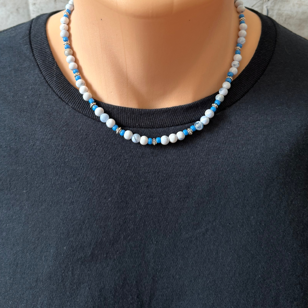 Blue and White Agate Beads with Blue Toho and Silver Beaded Mens Necklace