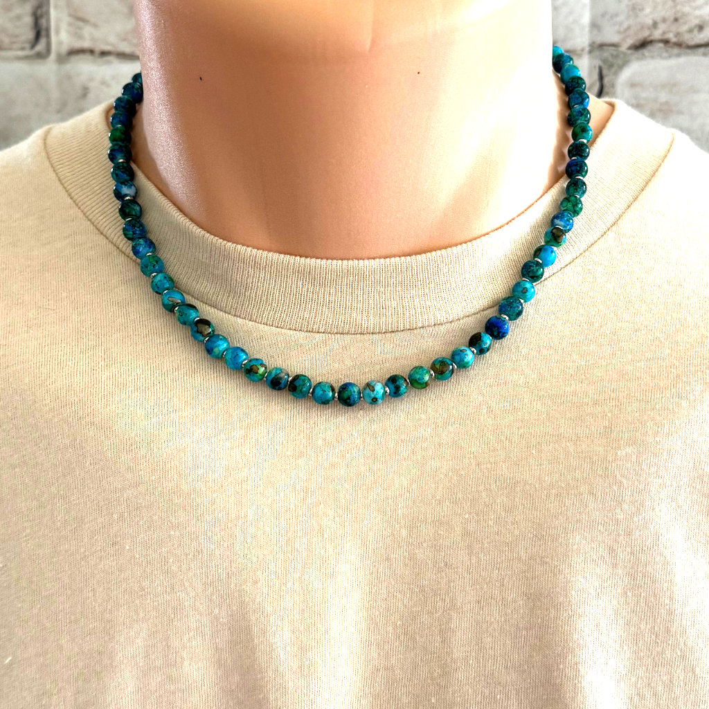 Mens Blue Green Glass and Silver Beaded Necklace
