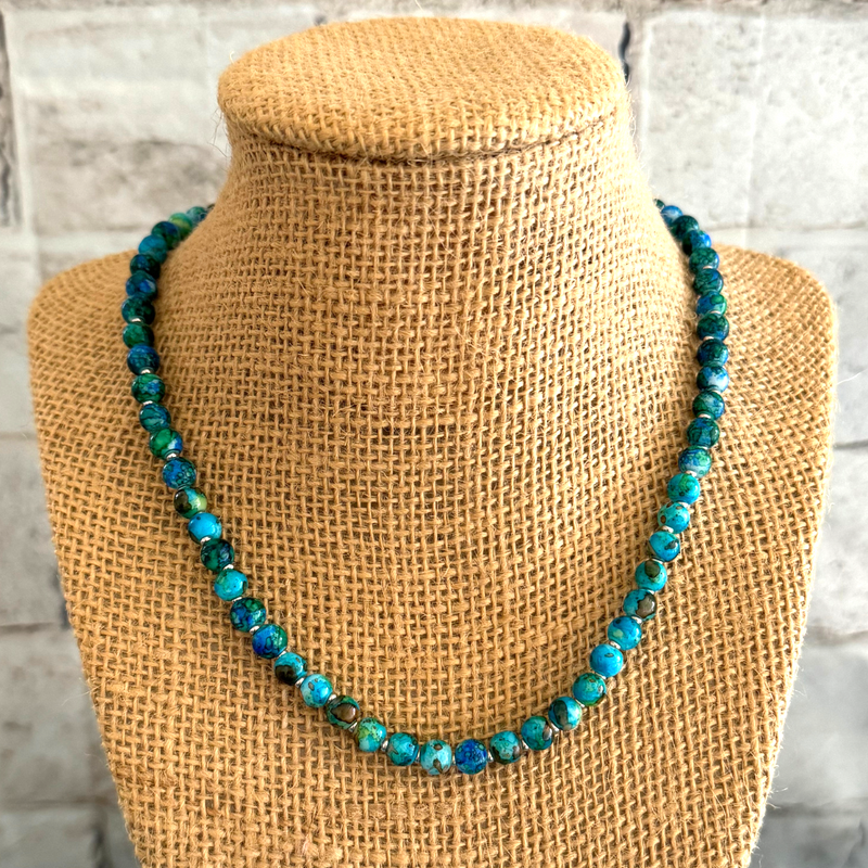 Mens Blue Green Glass and Silver Beaded Necklace 6mm 18"