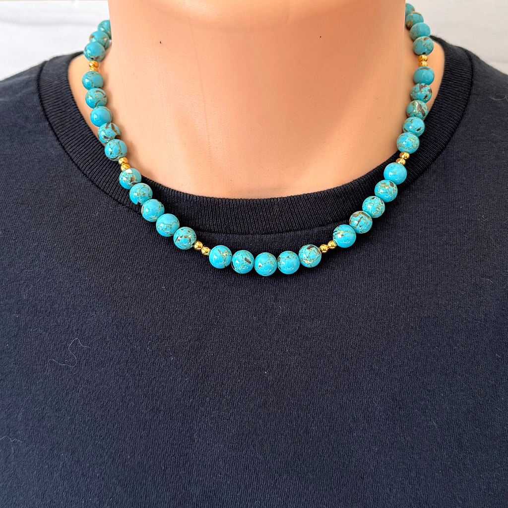 Mens Pacific Blue Howlite and Gold Beaded Necklace 18"