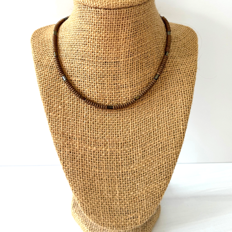 Mens Antique Bronze Matte Hematite Rondelle and Brown Czech Beaded Necklace 16"