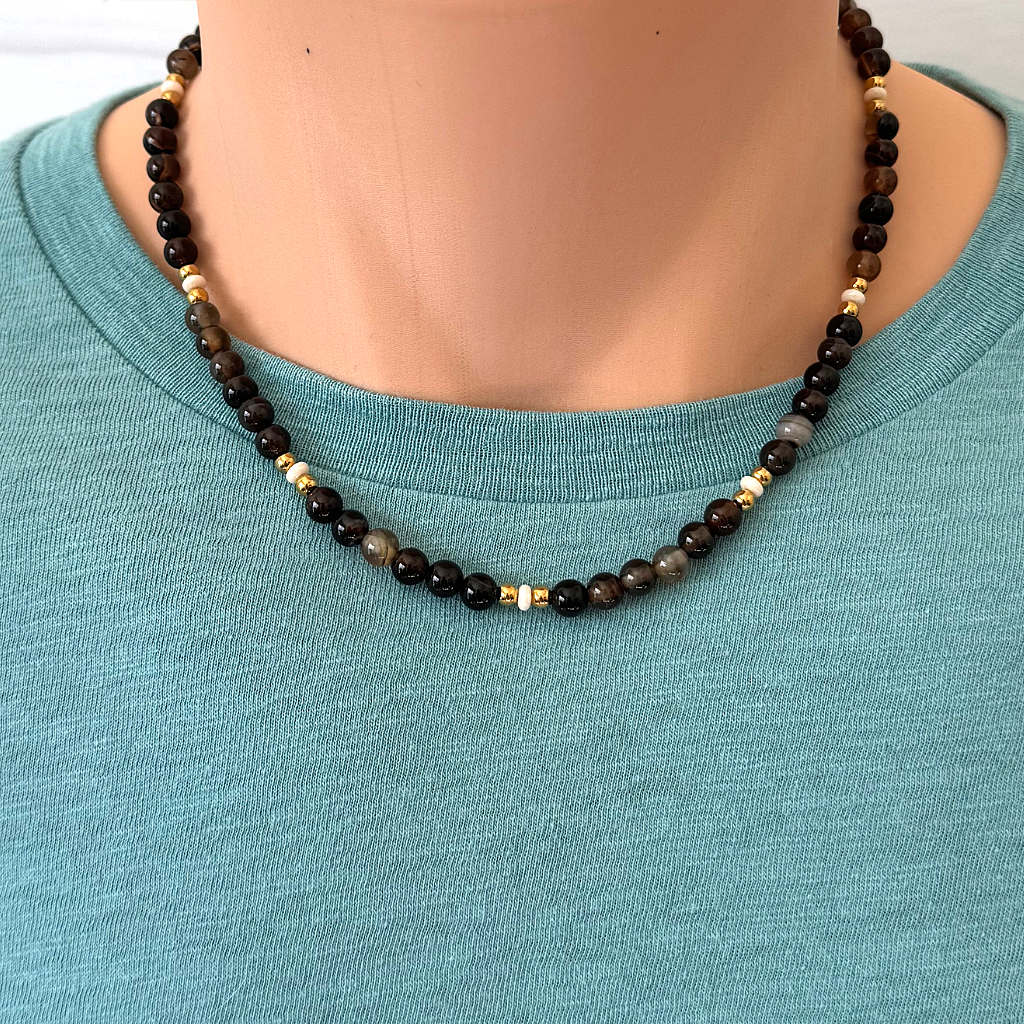 Mens Brown Agate and Czech Rondelle Beaded Necklace 18"