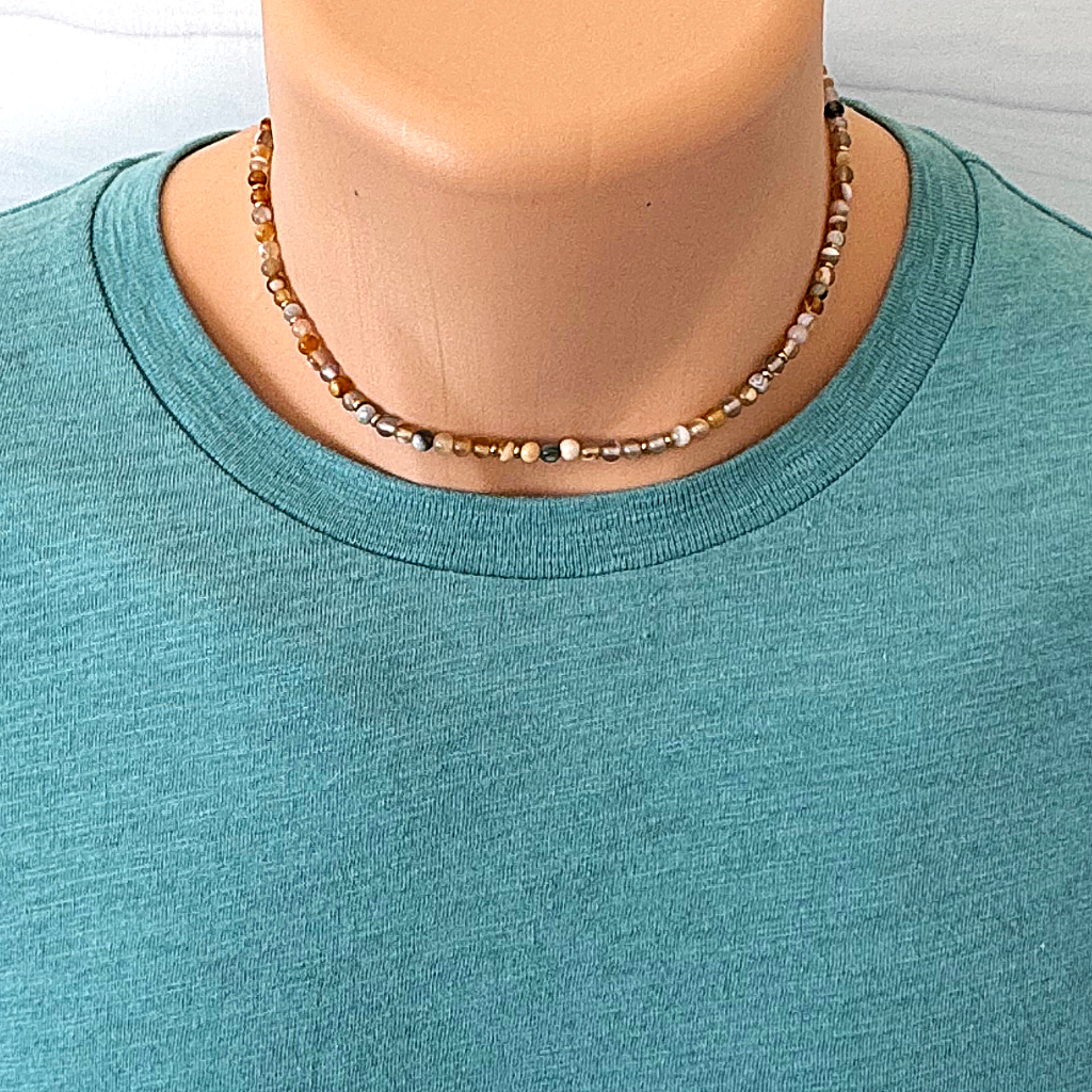 Men's 4mm Brown Line Agate and Gold Beaded Necklace.