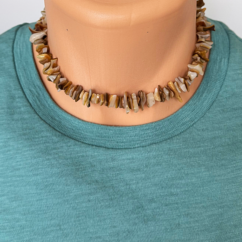 Mens Brown and White Shell Chip Beaded Necklace